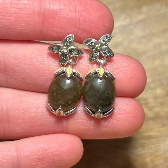 David Sigal Green Labradorite Flower Enamel 925 Sterling Silver Drop Earrings - Picture 9 of 15